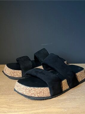 Free People Black Suede Double-Strap Cork Platform Slides